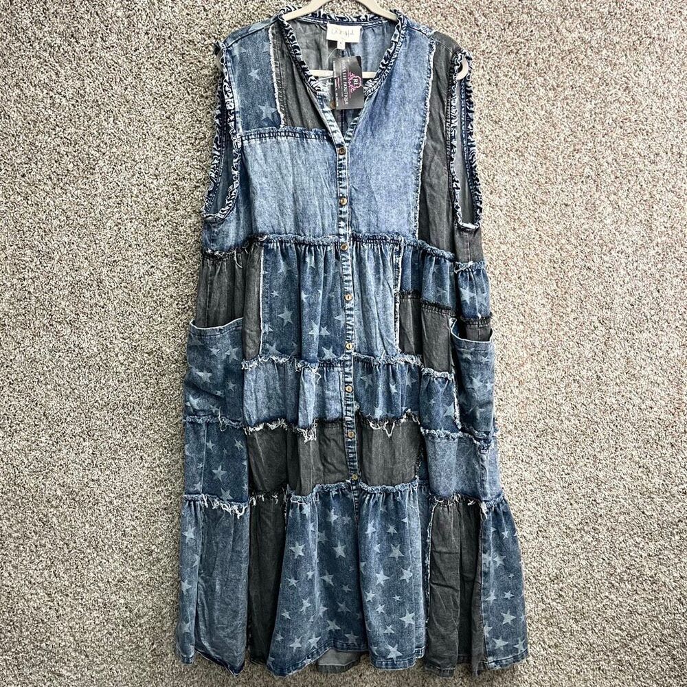 Oli & Hali Dress Women’s XL Blue Wash Distressed Denim Patchwork Sleeveless NWT